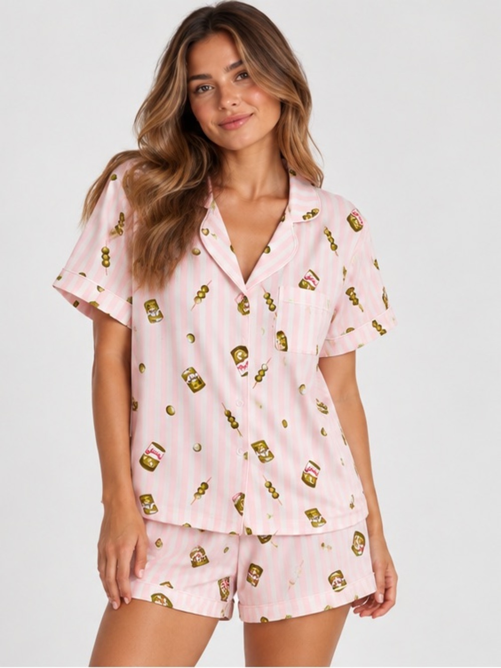 Women's Pink Olive Printed Short Pajama Set